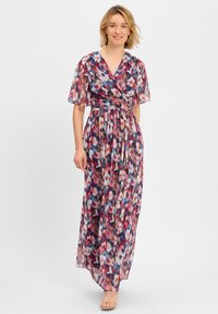 Maxi-jurk met een wikkelontwerp, voorzien van korte fluttermouwen, een kleurrijk abstract bloemenpatroon en een ceintuur in de taille. Lichtgewicht, doorschijnende stof.