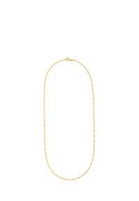 Halskette in goldfarbener Ausführung mit einem schlanken, filigranen Design und einem Kettenmuster sowie einem Karabinerverschluss. Glatte Oberfläche über die gesamte Kette.