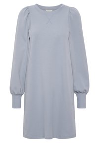 Ljusblå sweatshirtklänning med rund halsringning, långa puffärmar och ribbade muddar. Tillverkad av mjukt, bekvämt tyg.