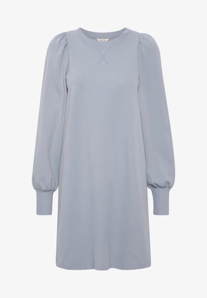 Ljusblå sweatshirtklänning med rund halsringning, långa puffärmar och ribbade muddar. Tillverkad av mjukt, bekvämt tyg.