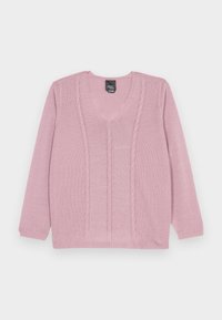 Ροζ πλεκτό πουλόβερ με V-ντεκολτέ, που διαθέτει υφασμάτινα σχέδια κατά μήκος του κέντρου και των μανικιών. Μακριά μανίκια και χαλαρή εφαρμογή.