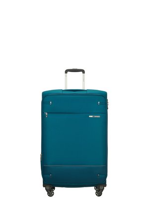 Türkisfarbene Hartschalentasche mit einem ausziehbaren Griff, vier drehbaren Rädern, einer vorderen Reißverschlusstasche und glatter Oberfläche. Akzentuierungen in Silber.