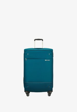 Teal hard-shell suitcase with a retractable handle, four spinner wheels, front zipper pocket, and smooth texture. Silver hardware accents.