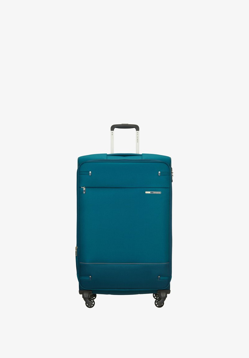 Türkisfarbene Hartschalentasche mit einem ausziehbaren Griff, vier drehbaren Rädern, einer vorderen Reißverschlusstasche und glatter Oberfläche. Akzentuierungen in Silber.