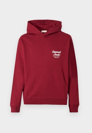 Maroon hoodie made of cotton, featuring a front pocket, drawstring hood, and a white logo printed on the left chest area.