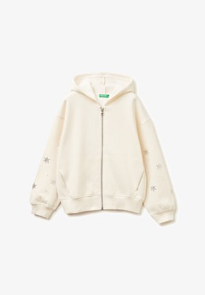 Cremfarbener Zip-Hoodie aus weichem Stoff, mit einer Kapuze mit Kordelzug und dekorativen Sternmotiven an den Ärmeln.