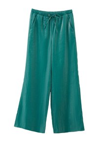 Teal wijde broekspijpen gemaakt van een lichte, gestructureerde stof. Heeft een elastische tailleband met een trekkoord en zijzakken.
