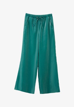 Turkusowe spodnie o szerokich nogawach, wykonane z lekkiego, teksturowanego materiału. Posiadają elastyczny pas z trokiem oraz boczne kieszenie.
