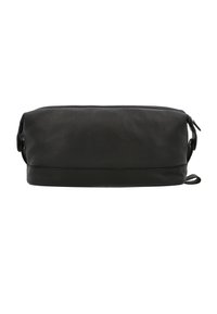 Borsa rettangolare nera in pelle con una superficie liscia, una chiusura con zip e maniglie laterali. Design semplice senza motivi o accentuazioni visibili.