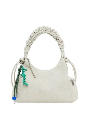 Off-white faux leather handbag with ruched handle, zip pocket, and green charm. Smooth texture, understated embossed logo, and sleek design.