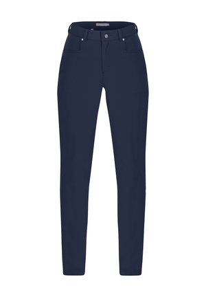 Navy blue slim-fit housut, joissa on sileä pinta, viisi taskua ja nappikiinnitys. Suunniteltu slimmaavan siluetin luomiseksi, vyölenkeillä varustettuna.