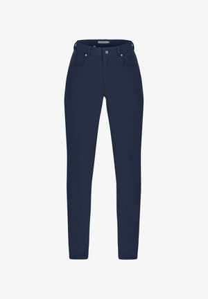 Marineblaue, taillierte Hose mit einer glatten Textur, fünf Taschen und einem Knopfverschluss. Entworfen für eine schmale Silhouette mit Gürtelschlaufen.