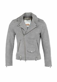 Sivá semišová motocyklová bunda s v�ýstrihom s výrezmi, asymetrickým predným zipsom a dvoma bočnými vreckami na zips s klopovým vreckom.