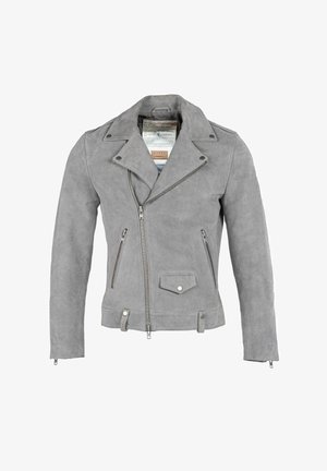 Chaqueta de motociclista de ante gris con cuello con muesca, cremallera frontal asimétrica y dos bolsillos laterales con cremallera y un bolsillo con solapa.