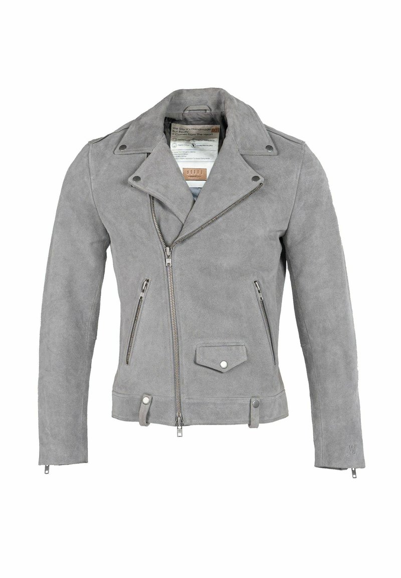 Sivá semišová motocyklová bunda s výstrihom s výrezmi, asymetrickým predným zipsom a dvoma bočnými vreckami na zips s klopovým vreckom.