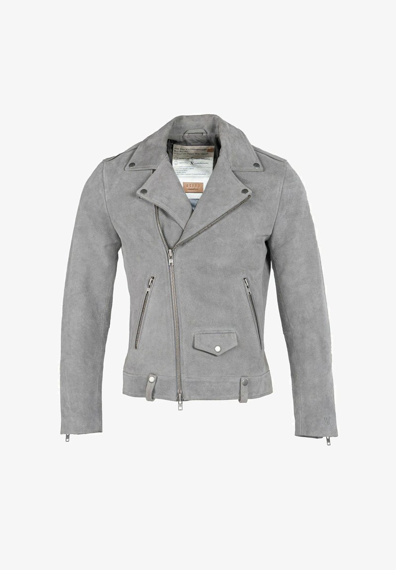 Pilko zomšo motociklininko striukė su išpjauta apykakle, asimetriška priekinė užtrauktuku ir dviem šoninėmis kišenėmis su užtrauktuku bei antkišenėle su skląsčiu.