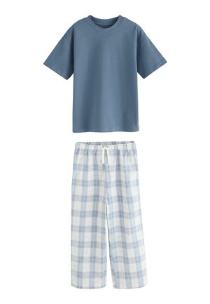 Kortærmet blå t-shirt kombineret med hvide og lyseblå ternede bukser med elastisk talje og snøre.