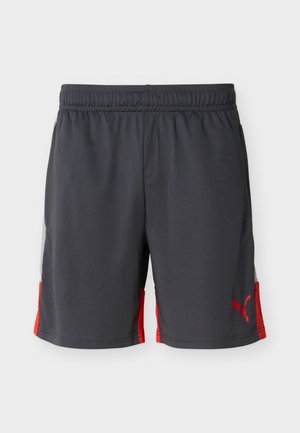 Pantalones cortos deportivos gris oscuro con cintura elástica, paneles laterales rojos y un logo rojo de Puma cerca del dobladillo inferior en la pierna derecha.
