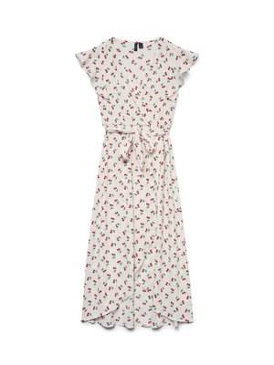 Fehér midi hosszúságú átlapolós ruha fodros ujjakkal, megkötős derékkal és egész ruhán piros cseresznye mintával.