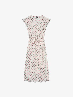 Valge midi pikkusega mähkkleit lehvivate varrukatega, vöökohal paelaga ning üle kogu kleidi punase kirsi mustriga.