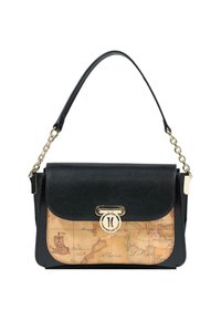 Sac en cuir noir avec une chaîne dorée, rabat avant arborant un imprimé de carte vintage et un verrou circulaire doré.