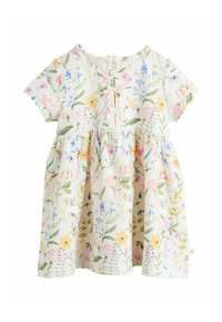 Lillelillede puuvillane kleit lühikeste varrukatega, kreemjat värvi alusega, kogutud vöökoht, roosa, sinise ja kollase lillemustriga ning tagumiste nööpidega sulgemine.