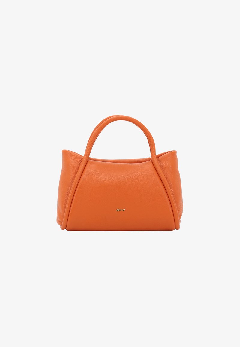 Orange leather handbag with a rounded shape, dual handles, and visible texture. Features subtle logo detail on the front.