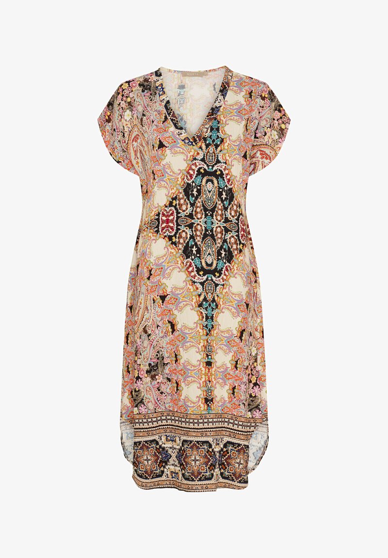 Kortærmet V-hals kjole i let stof, der har et livligt paisley-mønster med intrikate mønstre i pink, blå og sort.