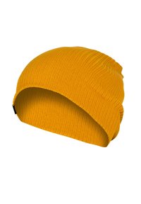 Yellow ribbed knit beanie with a relaxed fit. Made of soft fabric, features a round crown and a rolled edge at the bottom for added texture.