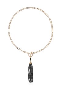 Collier en métal doré avec des maillons en forme de trombone allongés, featuring un pendentif en perles noires et un fermoir à bascule circulaire orné de strass.