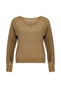 V-hals trui van metallic gouden brei, met lange mouwen, ribgebreide zoom en manchetten, in een ontspannen pasvorm en met een gladde textuur.