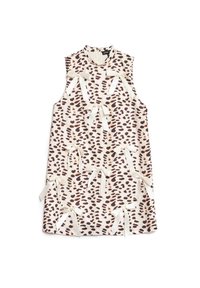 Brezrokavni bež mini obleki z temno rjavim leopardskim vzorcem in več kremnimi satenskimi penteljami, razporejenimi spredaj po sredini.