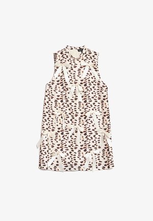 Vestido mini sem mangas bege com estampa de leopardo castanho-escuro e múltiplos laços de cetim creme dispostos na frente e ao centro.