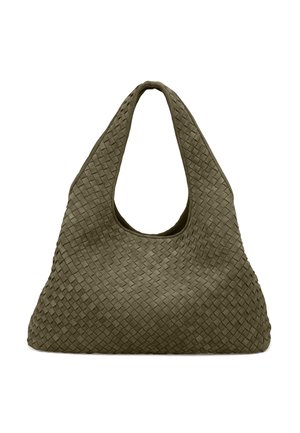 Große dunkel olivgrüne geflochtene Leder-Hobo-Tasche mit breitem, abgerundetem Griff und lässiger dreieckiger Form.