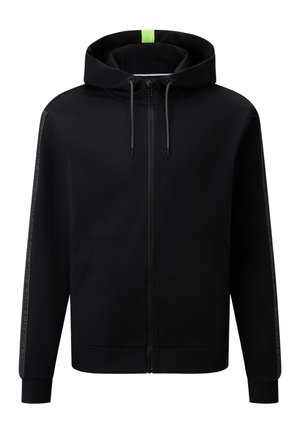 Black zip-up hoodie with a green accent on the hood, featuring drawstrings, side pockets, and textured stripes along the sleeves.
