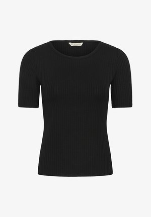 Fekete bordázott kötött rövidujjú felső kerek nyakkal, testhez simuló fazonnal és sima textúrával, finom függőleges vonalakkal az egészen.