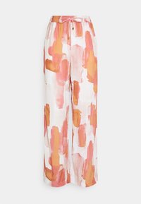 Volné, lehké kalhoty vyrobené z látky s akvarelovým potiskem v růžových a oranžových odstínech, s elastickým pasem a šňůrkou na stažení.