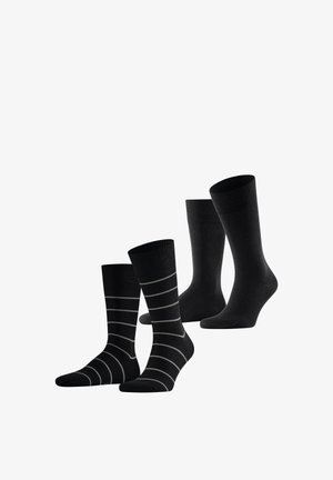 Twee paar zwarte crew sokken, één effen en één met dunne grijze horizontale strepen, getoond tegen een witte achtergrond.