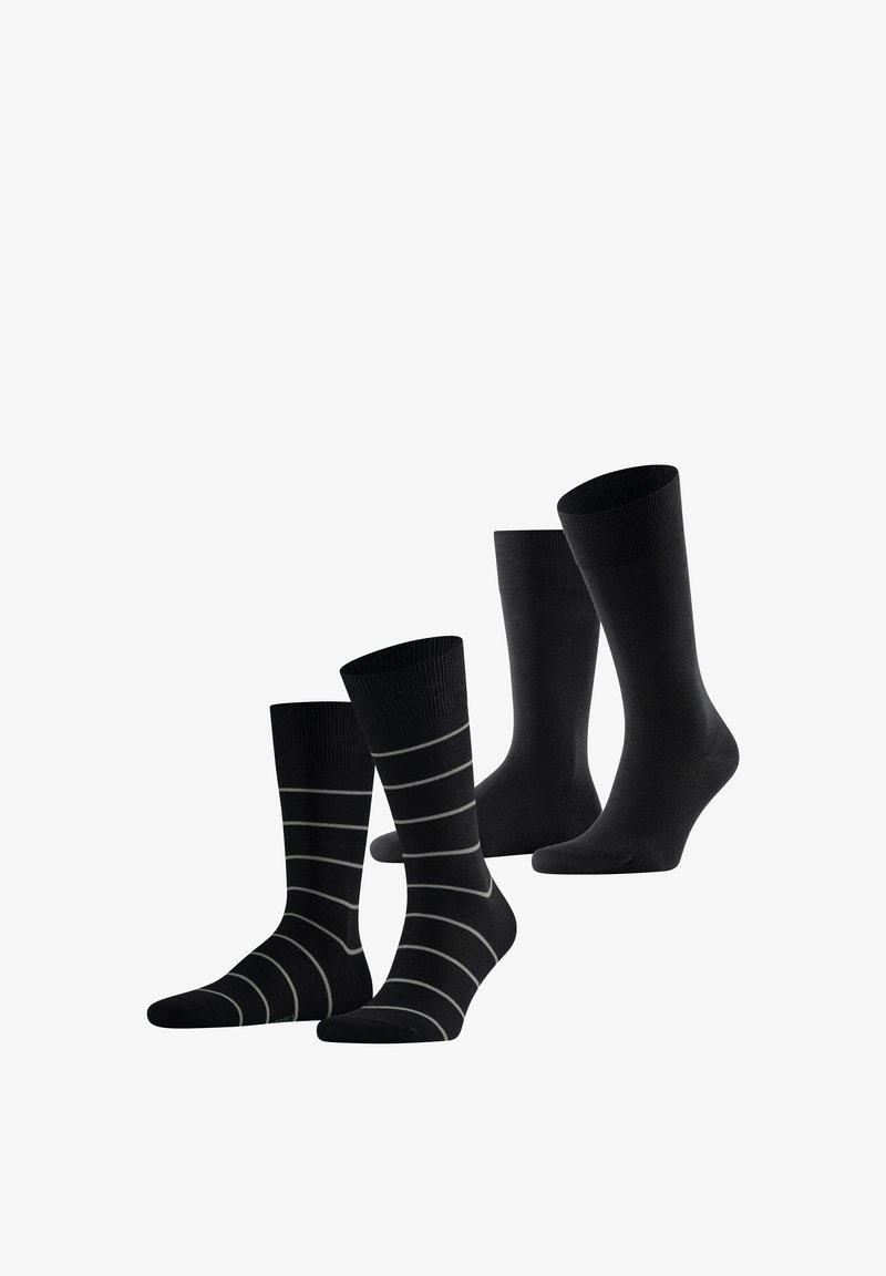 Twee paar zwarte crew sokken, één effen en één met dunne grijze horizontale strepen, getoond tegen een witte achtergrond.