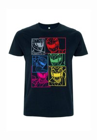 Marinblå t-shirt med sex grafiska konturer av maskerade figurer i röda, blå, gröna, rosa och gula fyrkantiga ramar. Tillverkad i bomull, kortärmad.
