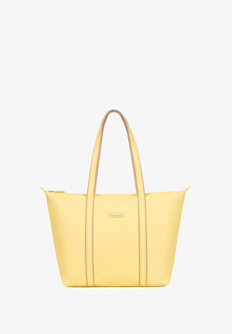 Borsa a tote gialla con due manici superiori, chiusura con zip, texture liscia e dettagli a contrasto marrone chiaro lungo i manici e i lati.