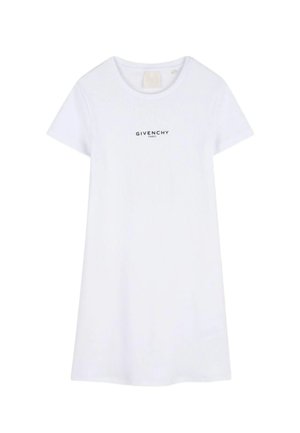 Vestito bianco a maniche corte con collo rotondo, con piccolo logo nero "Givenchy Paris" al centro del petto.