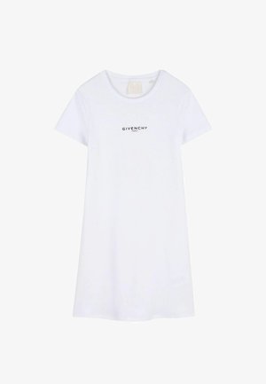 Robe blanche à manches courtes avec col rond, présentant un petit logo noir "Givenchy Paris" centré sur la poitrine.