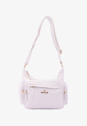 Witte leren schoudertas met een gestructureerd oppervlak, meerdere met rits afgesloten vakken en gouden accenten.