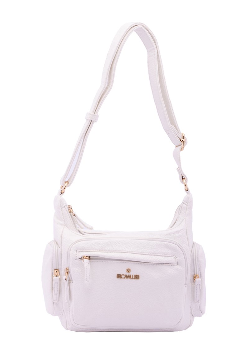Borsa a spalla in pelle bianca con superficie testurizzata, multiple sezioni con zip e dettagli in metallo dorato.