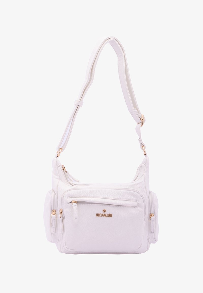 Borsa a spalla in pelle bianca con superficie testurizzata, multiple sezioni con zip e dettagli in metallo dorato.