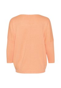 Pfirsichfarbener oversized Pullover mit rundem Ausschnitt, Dreiviertelärmeln, gerippter Textur und einer zentralen Nahtdetails auf der Rückseite.
