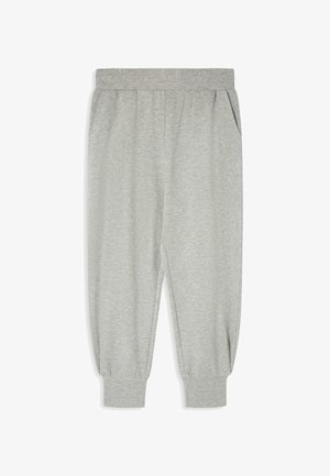 Szare dresowe spodnie wykonane z miękkiego, teksturowanego materiału. Posiadają elastyczny pasek w talii, kieszenie boczne oraz zwężane mankiety przy kostkach.