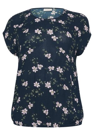 Blusa floreale navy in tessuto leggero, con maniche corte e scollatura rotonda, decorata con fiori rosa e dettagli verdi.