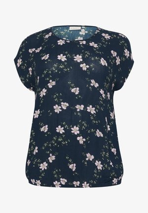 Navyblaues Bluse aus leichtem Stoff, mit kurzen Ärmeln und rundem Ausschnitt, verziert mit pinken Blüten und grünen Akzenten.